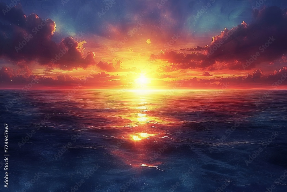 A Vivid Sunset Over the Ocean - obrazy, fototapety, plakaty 