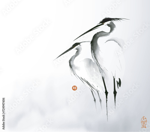 Simple minimalist ink wash painting of of two herons in the mist. Traditional oriental ink painting sumi-e, u-sin, go-hua. Translation of hieroglyph - zen