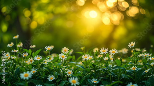 Daisy flower on green meadow in spring blowing in a garden under sun light © Mujahid