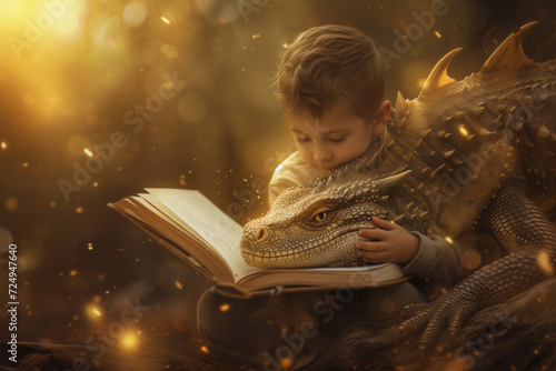 Little child reading fairytale book about magical adventures. Kid hugging golden dragon while reading fantasy story, surrounded with mystical warm glow. Encouraging kids to read books. photo