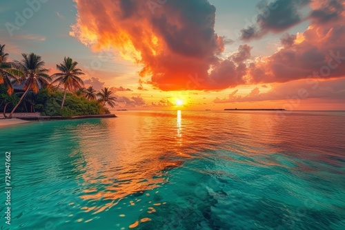 A vibrant sunset over the ocean with palm trees on a tropical beach