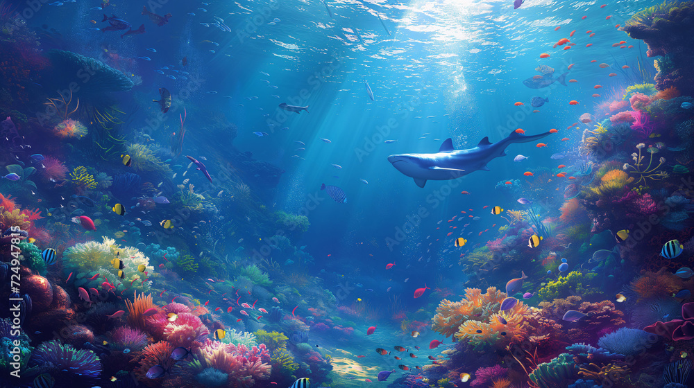 Fototapeta premium Hammerhead shark roaming in vibrant underwater coral ecosystem
