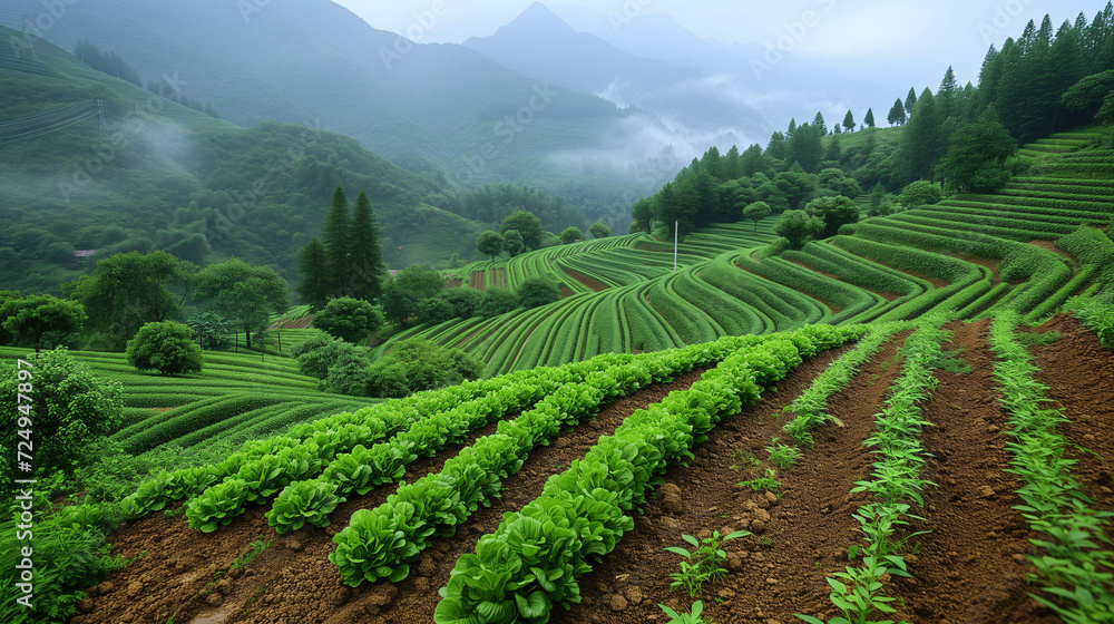 Terraced fields of lush greenery in misty mountainous region