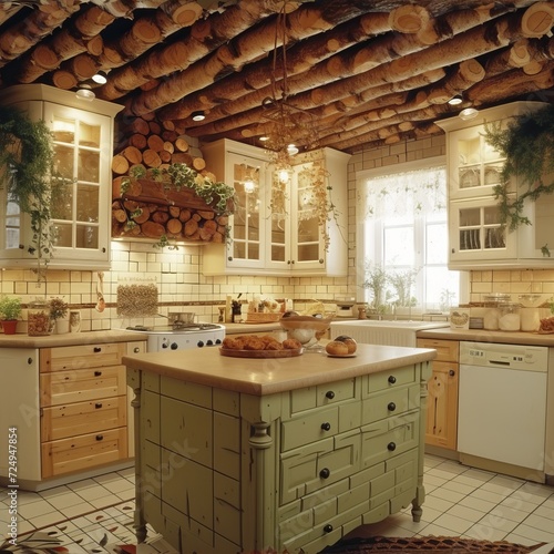 Rustic Kitchen With Wood Ceiling And Island