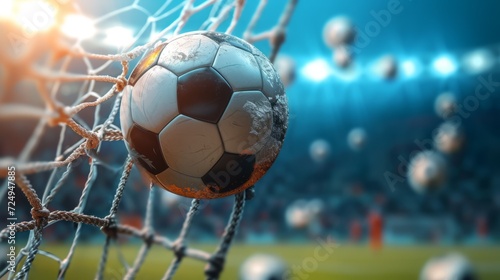 Epic slow motion shot of a soccer ball hitting the back of the net during a professional soccer game