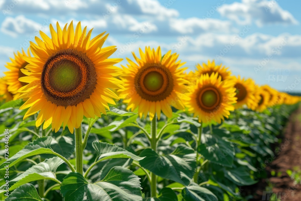 Field of sunflowers with blue sky and white clouds in the background Field of sunflowers with blue sky and white clouds in the background