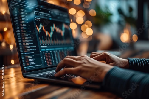 Person trading cryptocurrencies on a laptop with stock market analysis software open on the screen amidst the soft glow of background lights
