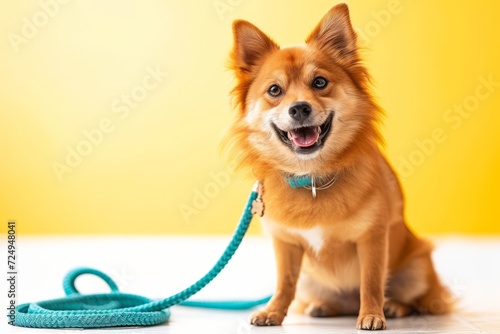 A happy dog with a blue leash is sitting on the floor