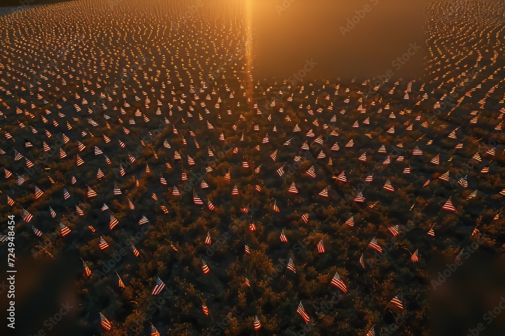 Fototapeta premium An aerial view of a field of American flags.