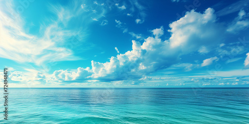 Perfect cloudscape above calm azure tropical waters of remote exotic island.