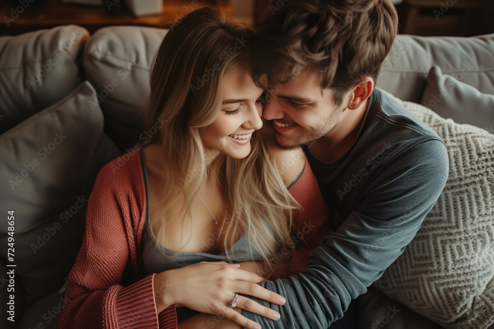 Romantic happy young couple relaxing on couch at home. Loving spouses resting in cozy living room interior. People in love enjoying weekend time together. Romantic happy young couple relaxing on couch at home. Loving spouses resting in cozy living room interior. People in love enjoying weekend time together.