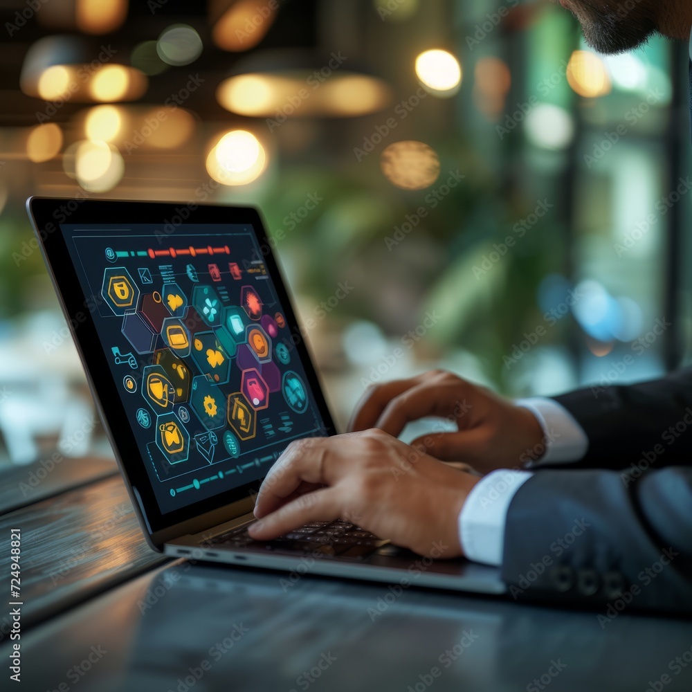 Businessman using laptop with futuristic user interface showing various business data and graphs. Businessman using laptop with futuristic user interface showing various business data and graphs.