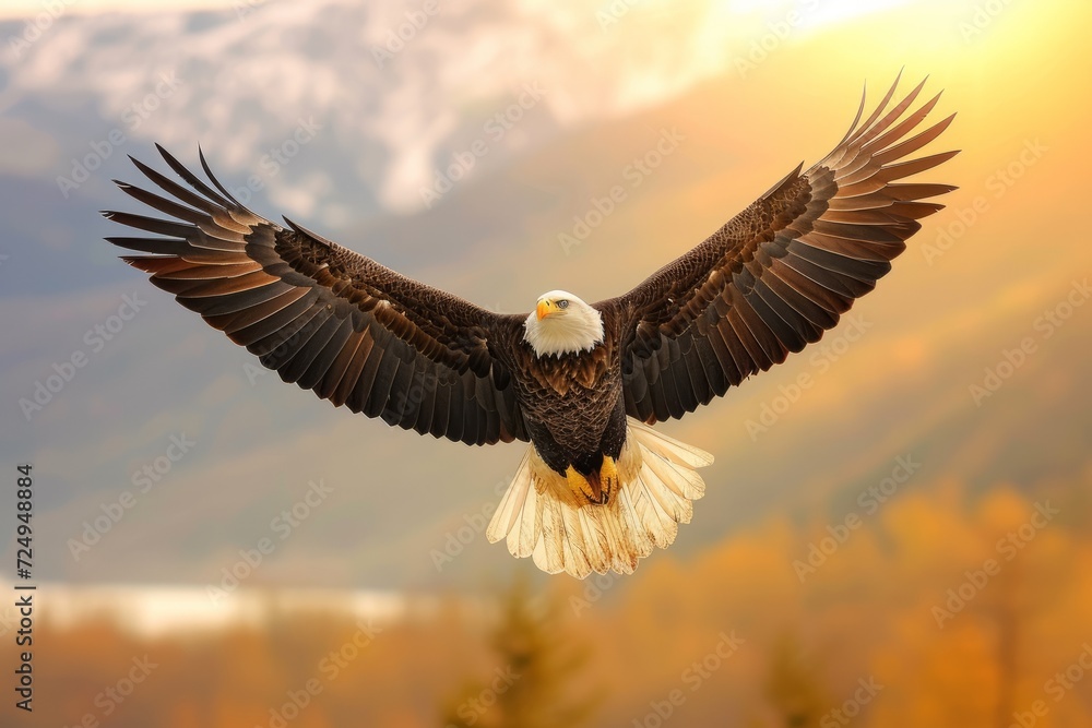 Fototapeta premium majestic bald eagle soars above the forest with wings outstretched