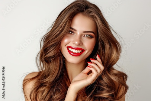 Beautiful young woman with long brown hair and red lipstick smiling
