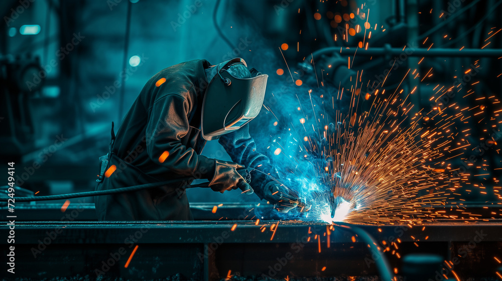 a welder at work, bright sparks flying, in a steel factory, surrounded by heavy machinery. Dusk lighting, focus on the vibrant sparks and the welder's protective gear, Generative AI a welder at work, bright sparks flying, in a steel factory, surrounded by heavy machinery. Dusk lighting, focus on the vibrant sparks and the welder's protective gear, Generative AI