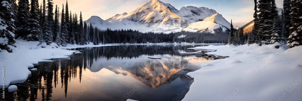 Stunning Twilight Over EF Mountain: A Blend of Frosty Peaks, Calm Lake, and Lush Greenery