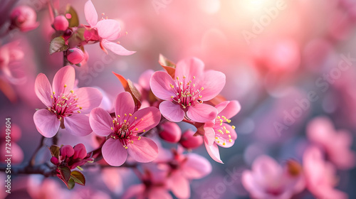 Rays of golden morning sunbeams shining through branches of pink sakura cherry blossom trees in spring © Mujahid