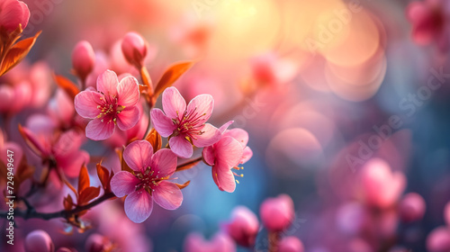 Rays of golden morning sunbeams shining through branches of pink sakura cherry blossom trees in spring