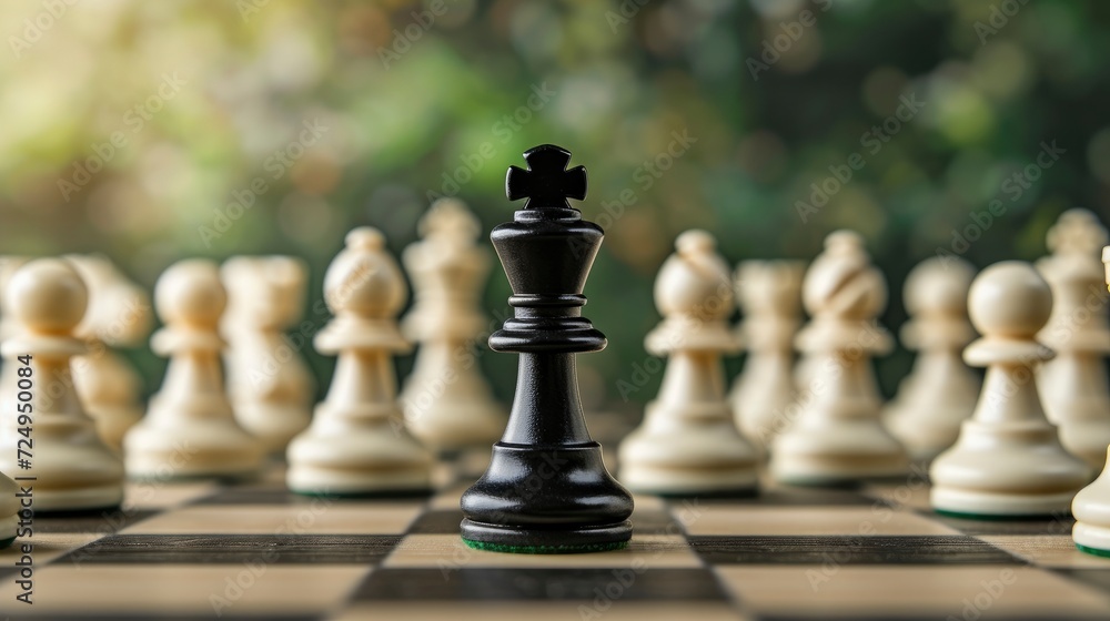 A Lone Black King Pawn Positioned in the Center Surrounded by White Chess Pieces
