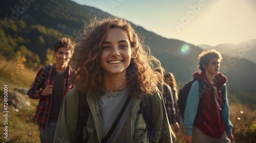 A_group_of_teenagers_hiking_and_enjoying_nature_a_green background ai generative high quality image
