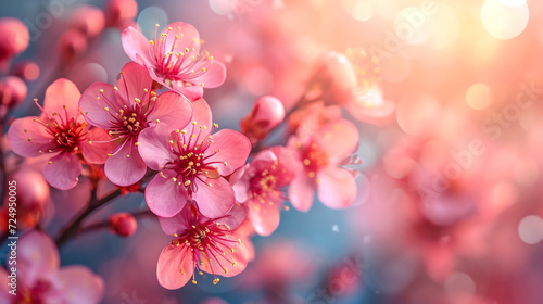 Sakura flowering. Large lush sakura flowers on a tree on a dark background in sunny weather © Mujahid
