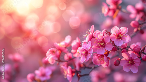 Sakura flowering. Large lush sakura flowers on a tree on a dark background in sunny weather