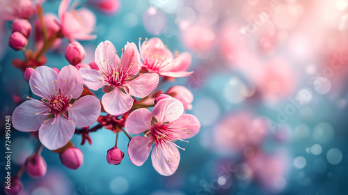 Sakura flowering. Large lush sakura flowers on a tree on a dark background in sunny weather © Mujahid