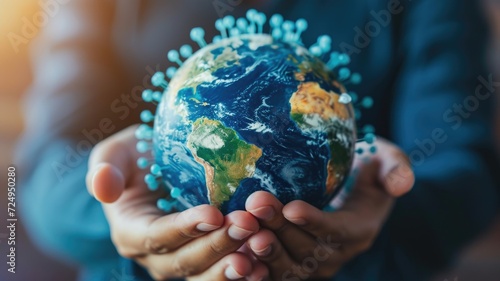 Digital composite of hands holding a holographic globe with virus particles, emphasizing worldwide inter connectivity during a pandemic. photo