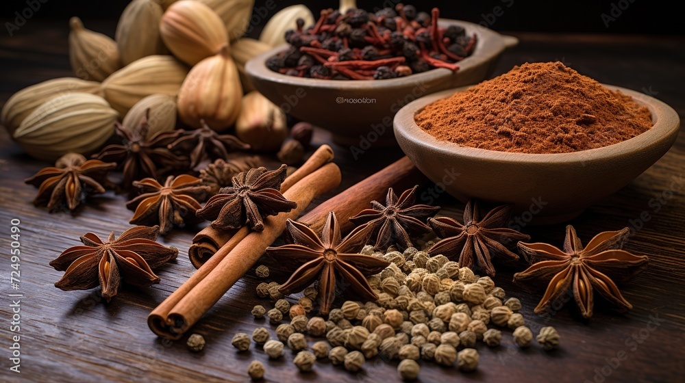 Cinnamon sticks star anise and cloves on black background Cinnamon sticks star anise and cloves on black background