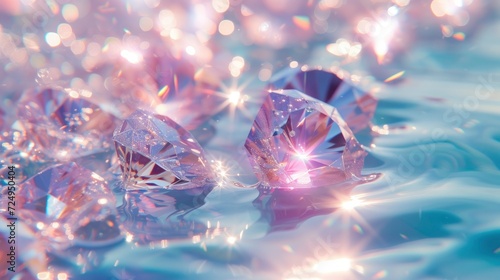 A magical scene brightly colored diamonds in a dreamy palette,  light pink, light blue, and clear diamonds gracefully floating in light blue water. photo