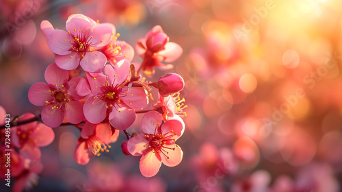 Sakura flowering. Large lush sakura flowers on a tree on a dark background in sunny weather