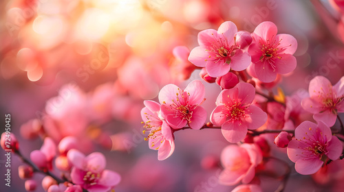 Sakura flowering. Large lush sakura flowers on a tree on a dark background in sunny weather