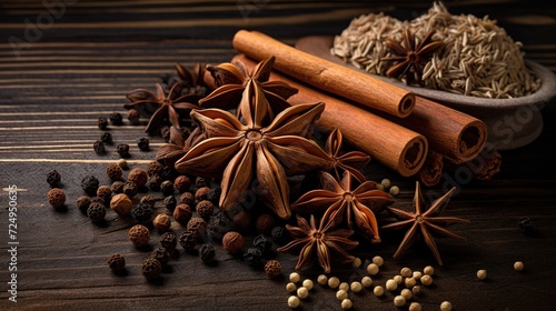 Cinnamon sticks star anise and cloves on black background