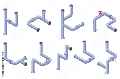 Pipes isometric set. Pipe tube for water. Plumbing construction pipeline with serviceable element. 3d industrial water system