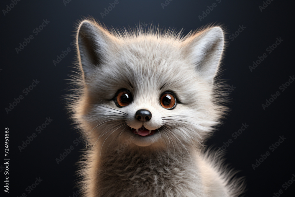 Obraz premium Adorable 3D cartoon gray fox close-up portrait on a black background.