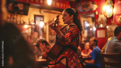 An intimate Flamenco dance performance in a historic Spanish tavern full of passion and emotion. photo