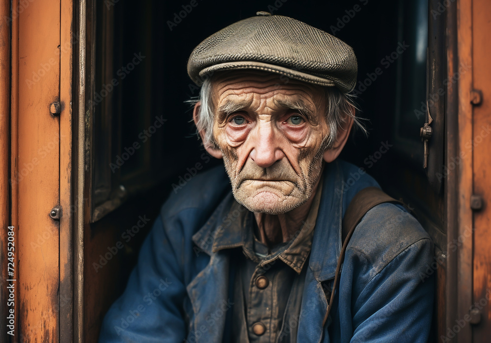 Portrait of elderly man with cap and thoughtful face. Portrait of elderly man with cap and thoughtful face.