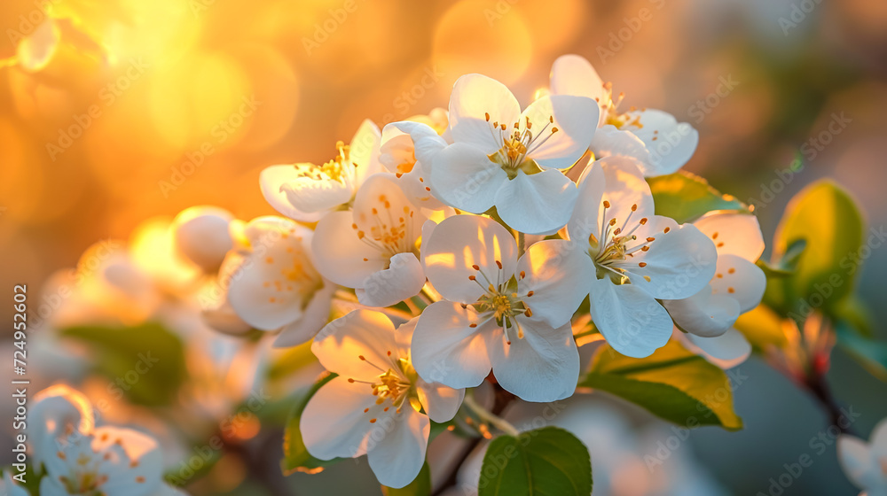 White fresh cherry flowers blossom, branch of a tree. Blooming spring pretty pastel background. Sun rays in spring flowers.