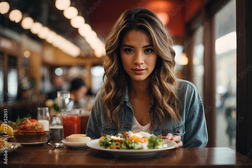 beautiful girl blonde hair and make-up, dine in the restaurant, eating delicious served hot dish, Italian pasta, spices, fine dining, Europe, food, Kef, lunch, breakfast and dinner in the cafe