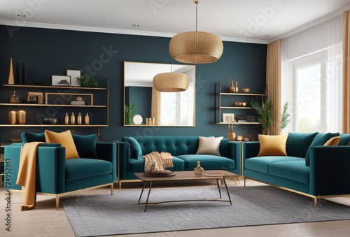 Stylish interior of home living room with design furniture with sofa  mirror  shelves  armchair and elegant personal accessories. Modern neutral home decor. Designer style concept. Copy ad text space