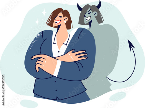 Business woman casting devil shadow standing with crossed arms, for concept of evil intent. Mean girl in business clothes smiles and thinks about plan for unfair competition or aggressive marketing