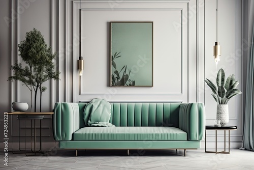 Stylish living room decor includes a mint sofa, modern furniture, plants, a pillow, and exquisite accents. shelf and green wood paneling. modern interior design. poster frame mockup. Template © Lasvu