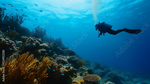 An underwater scene of scuba diving near a coral reef.