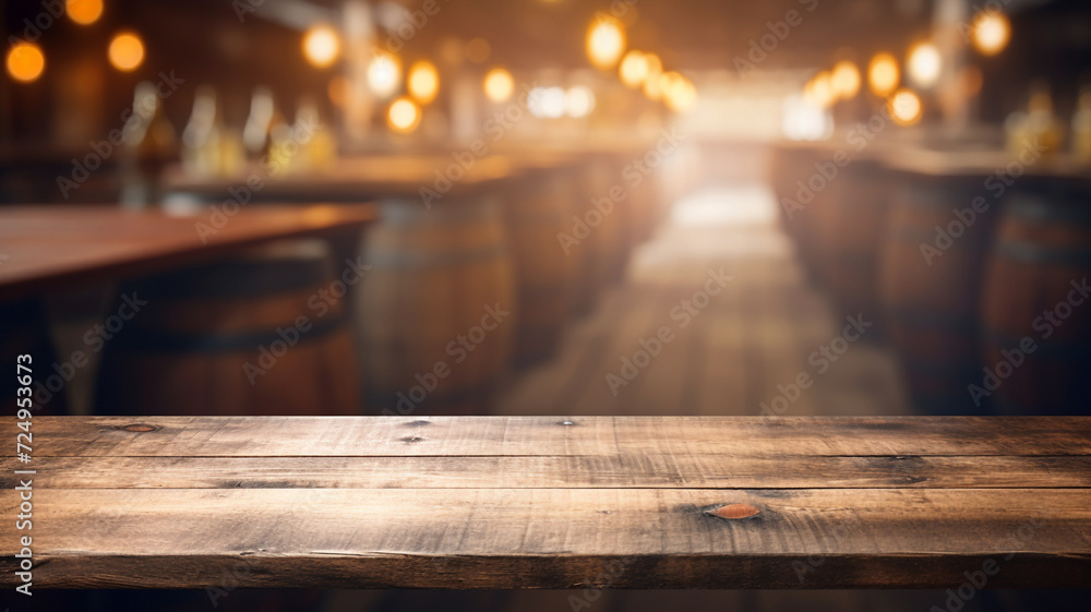 Empty wooden table with a defocused background of a cozy tavern's winery barn ambient interior  copy space mockup product placement. 