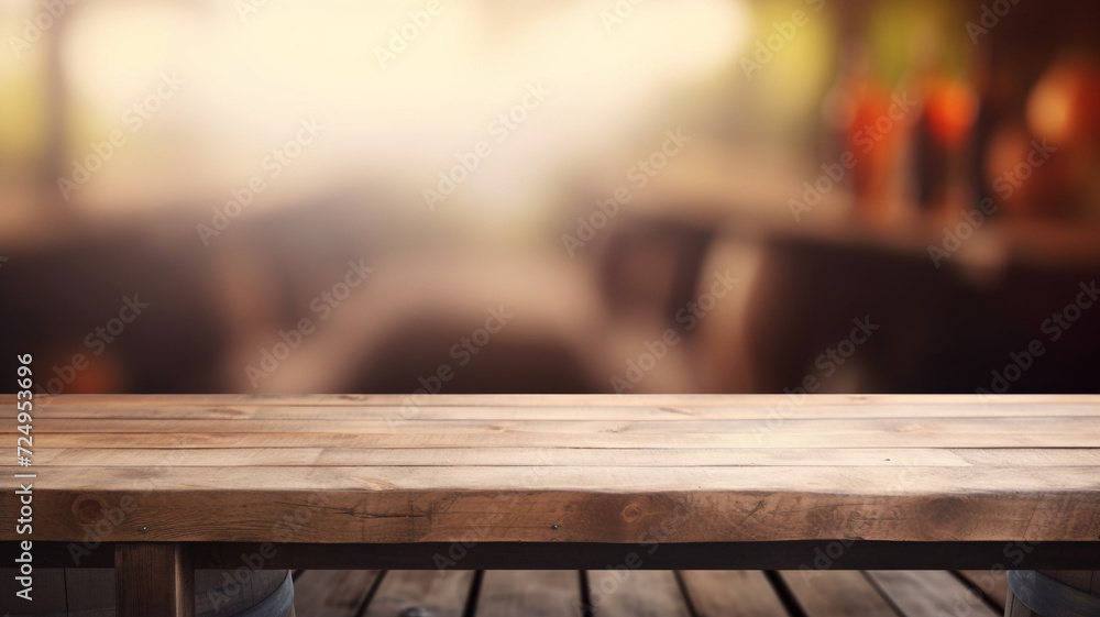 Empty wooden table with a defocused background of a cozy tavern's winery barn ambient interior copy space mockup product placement. Empty wooden table with a defocused background of a cozy tavern's winery barn ambient interior copy space mockup product placement.