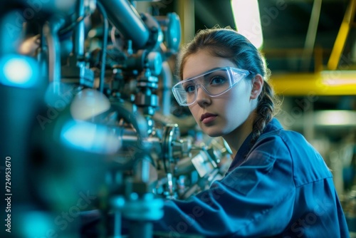 A female model working as a mechanical engineer in an industrial setting