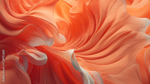 Macro petals of orange flowers. Sleek wave-flying background of silk fabrics in motion.