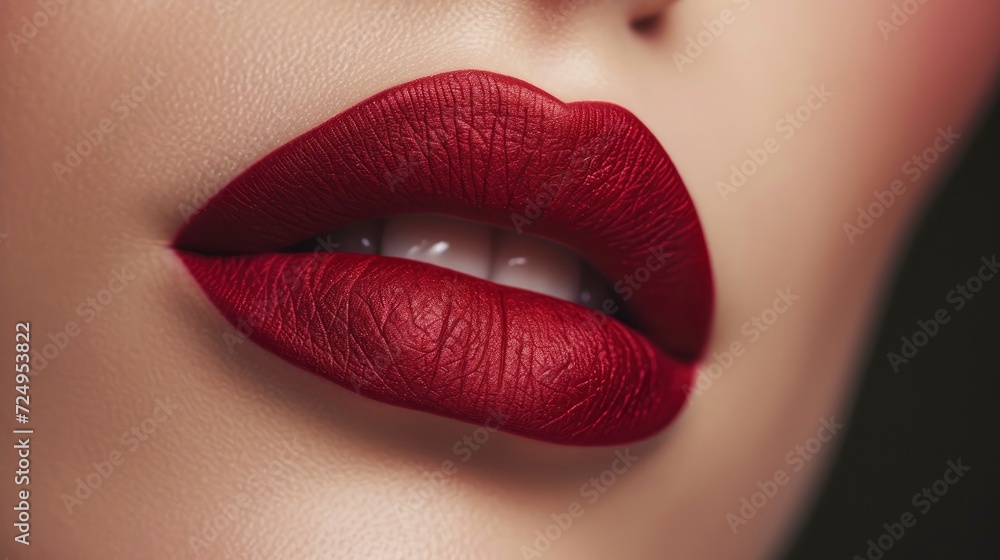 Medium Carmine Color lipstick on lips Medium Carmine Color lipstick on lips