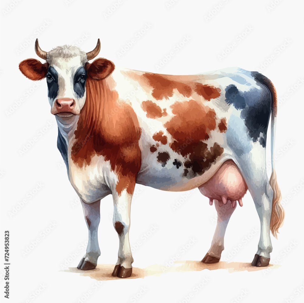 Watercolor hand drawn illustration of a cow isolated on white background.
