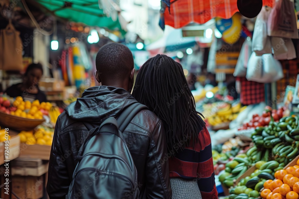 Couple exploring a bustling city market with vibrant colors and diverse cultures